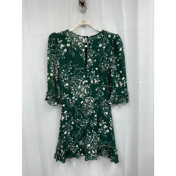 Reformation 8 Doutzen Floral Mini 3/4 Sleeve Dress Ruffle Fir & Flare Lake Green - Picture 3 of 15